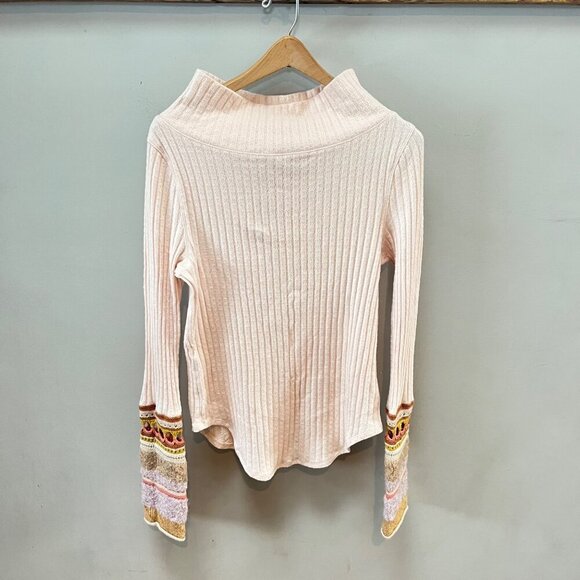 Free People LG Ribbed Knit Long Sleeve Sweater With Mixed‎ Media Cuff - Picture 1 of 6
